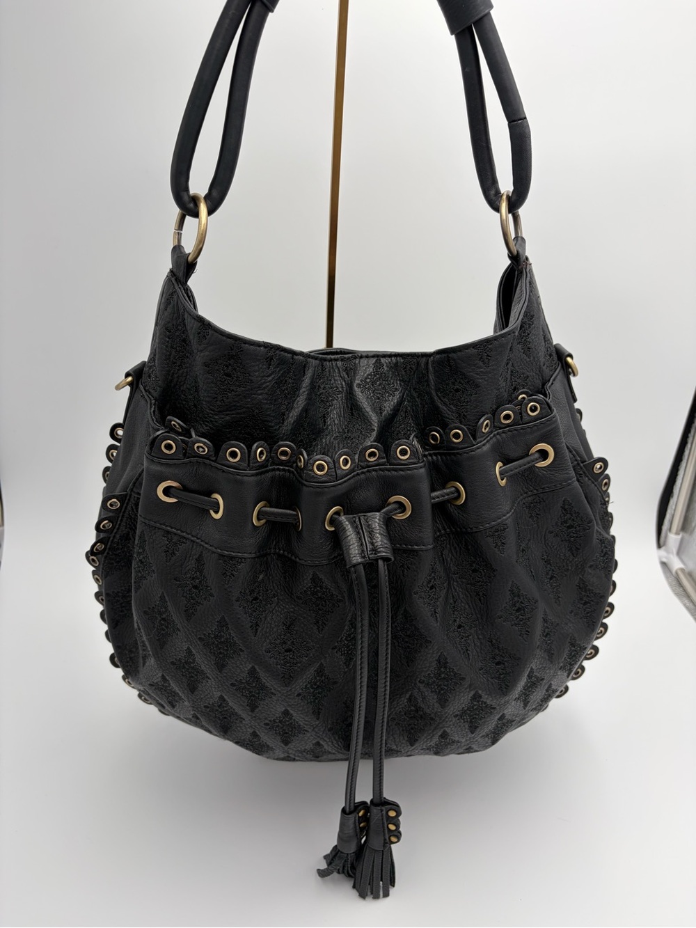 Rare Isabella Fiore Y2K Black Embroidered Leather Drawstring Hobo Bag